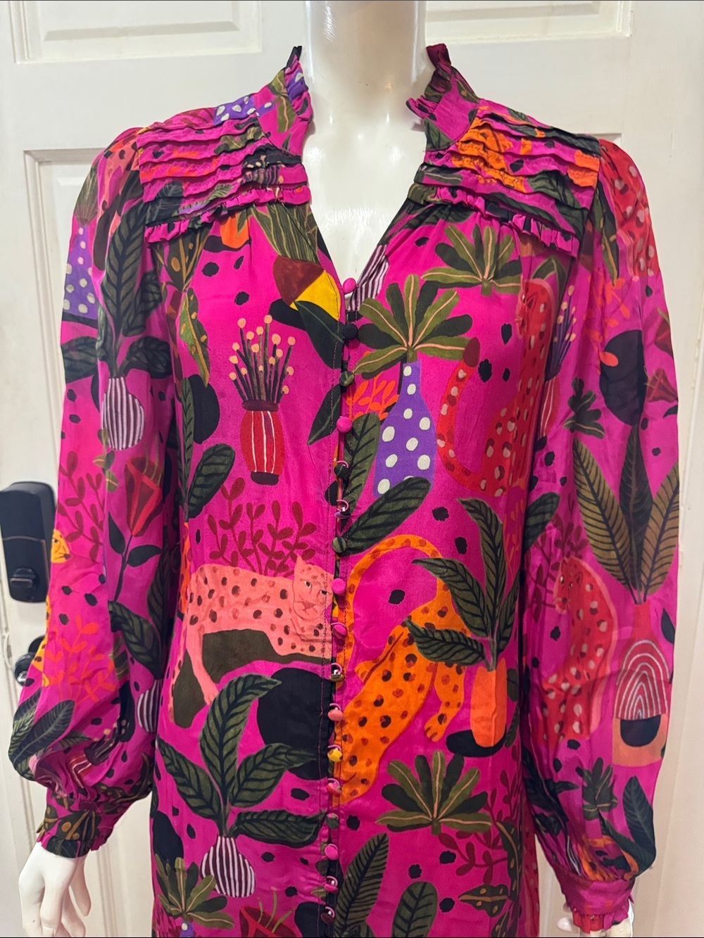 Farm Rio Jungle Print Maxi Dress Womens Pink Leopard Monkey Long Sleeve Sz S - Picture 4 of 16